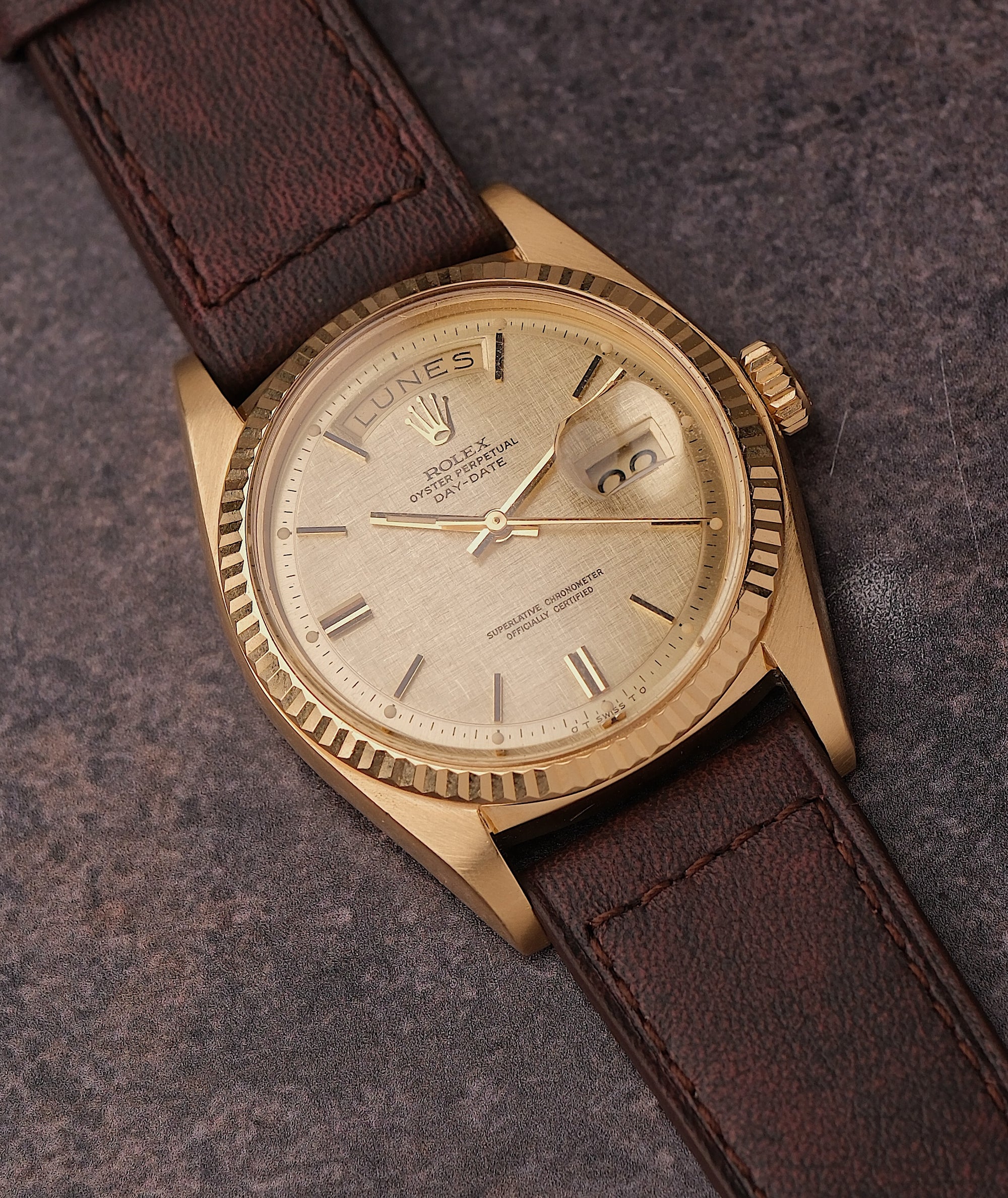 Rolex Day-Date 36 Champagne Linen Dial Ref. 1803 With Papers (1974)