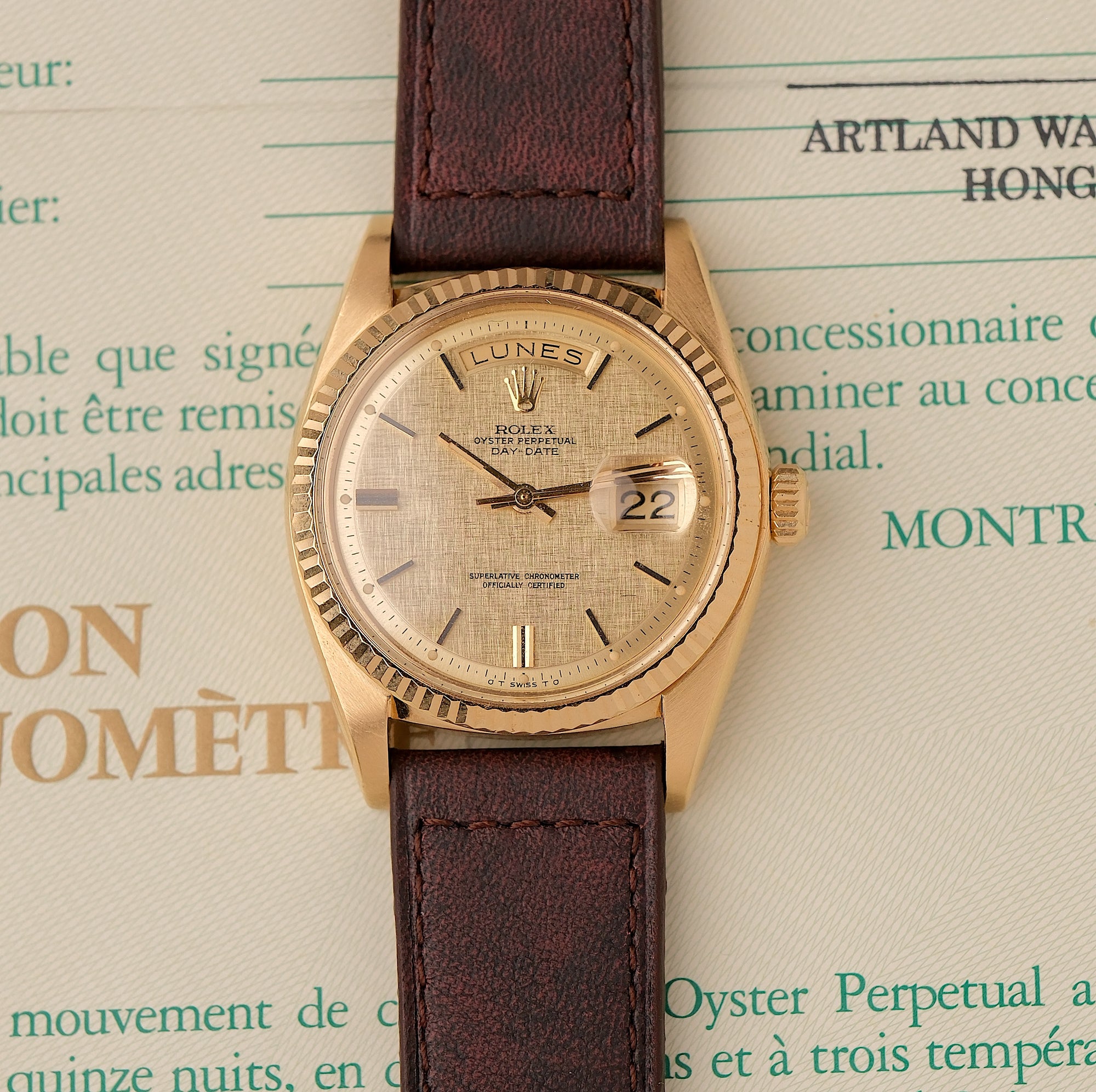 Rolex Day-Date 36 Champagne Linen Dial Ref. 1803 With Papers (1974)