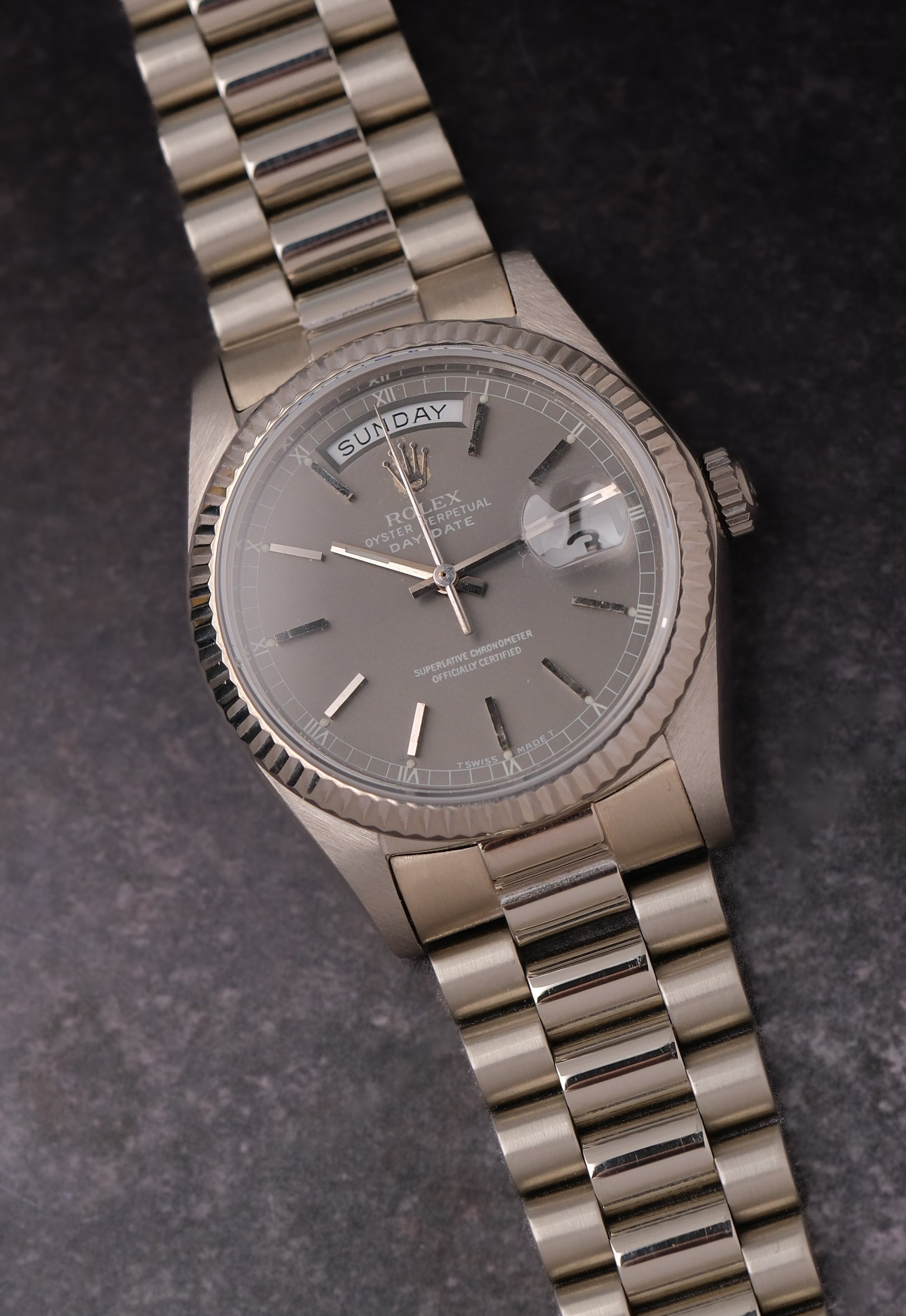 Rolex Day-Date 36 18039 18K White Gold Rare Grey Dial (1983 Punched Papers)