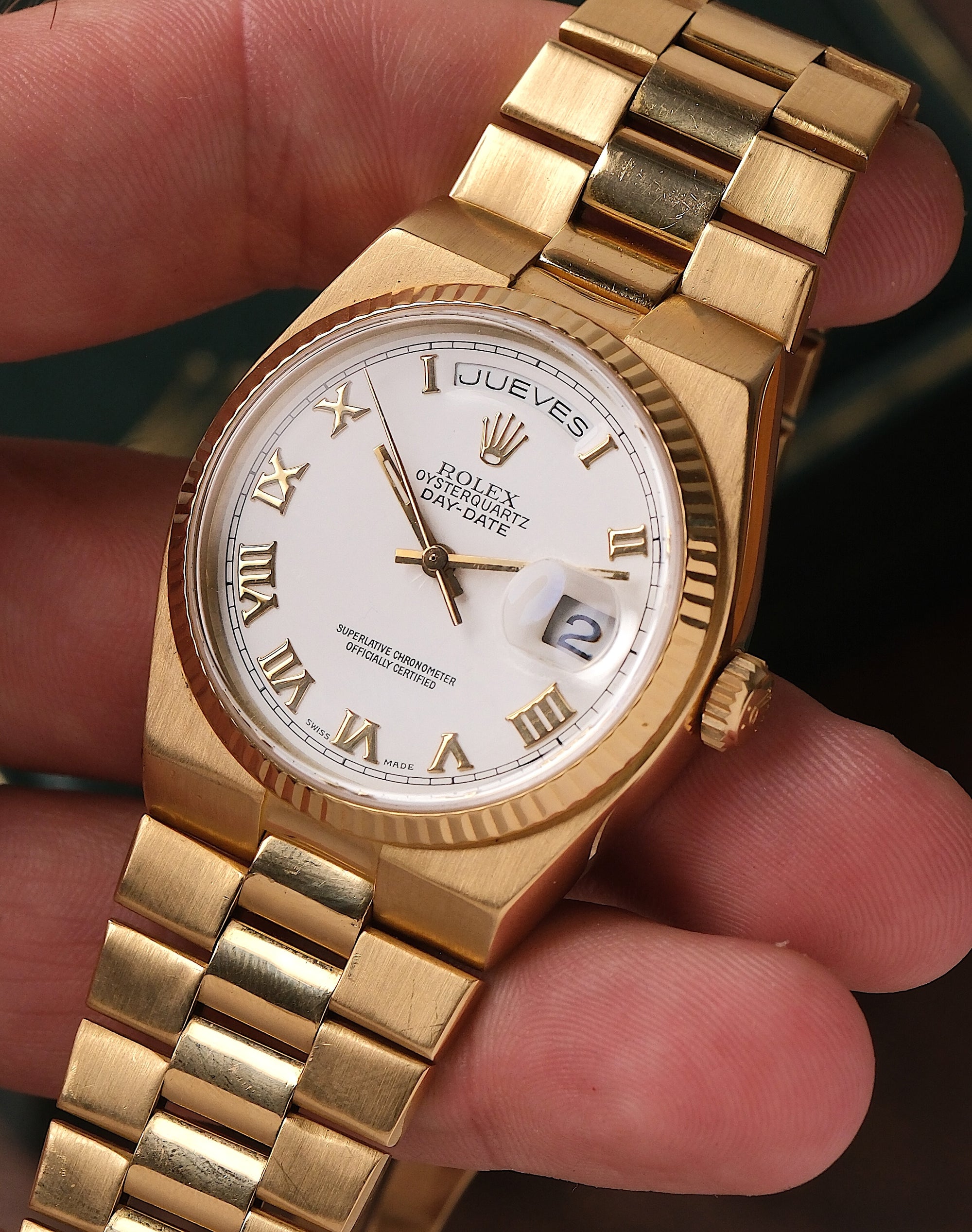 Rolex Oysterquartz Day-Date 19018 18K Yellow Gold White Roman Dial (1978)