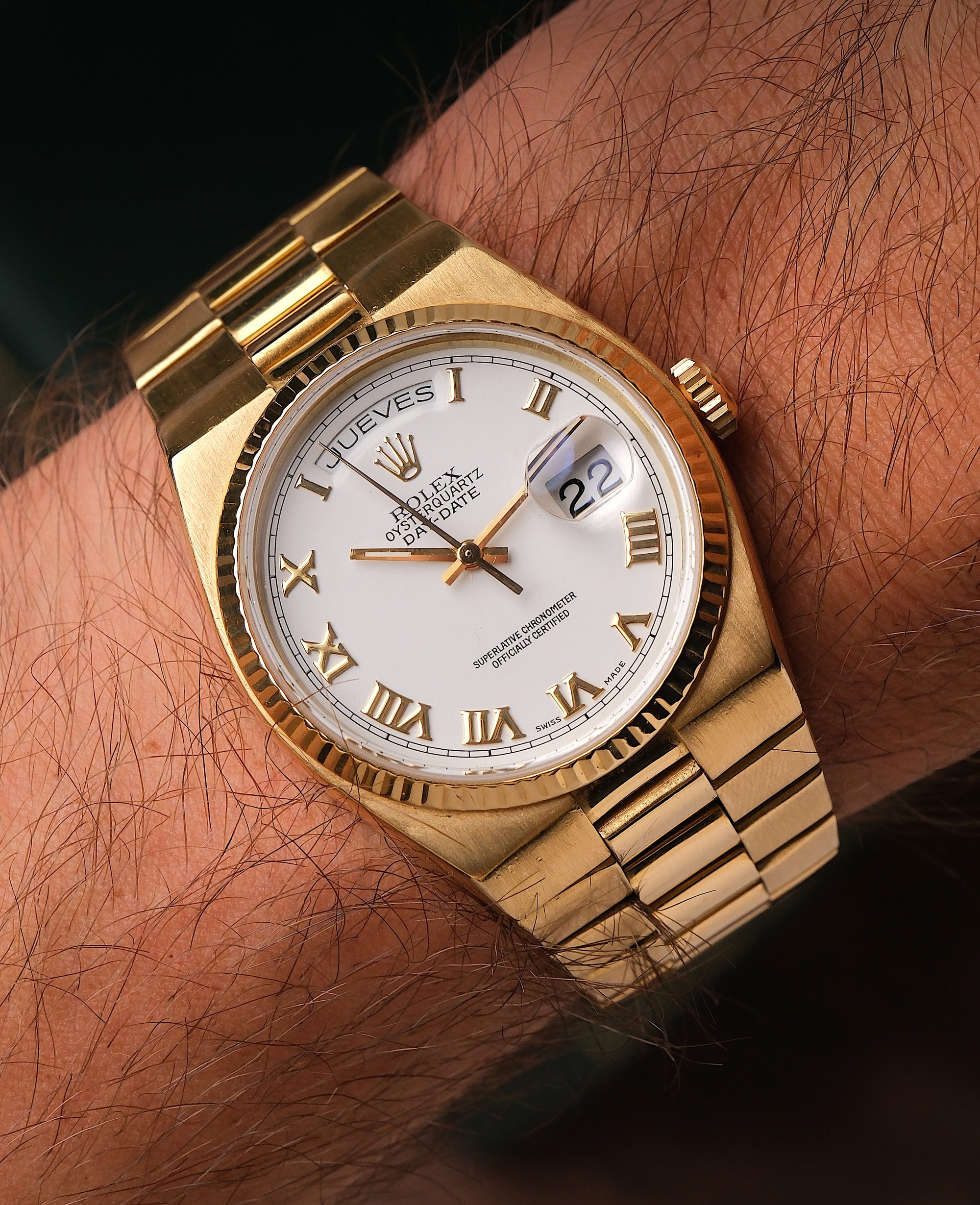 Rolex Oysterquartz Day-Date 19018 18K Yellow Gold White Roman Dial (1978)