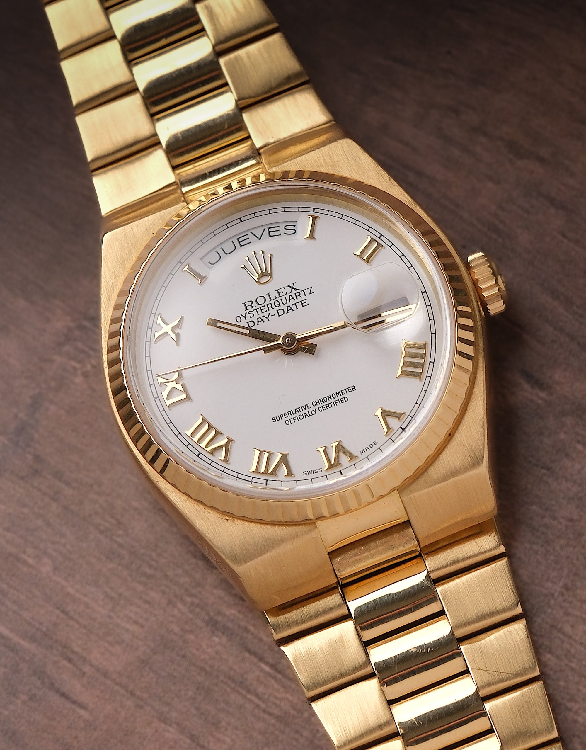 Rolex Oysterquartz Day-Date 19018 18K Yellow Gold White Roman Dial (1978)