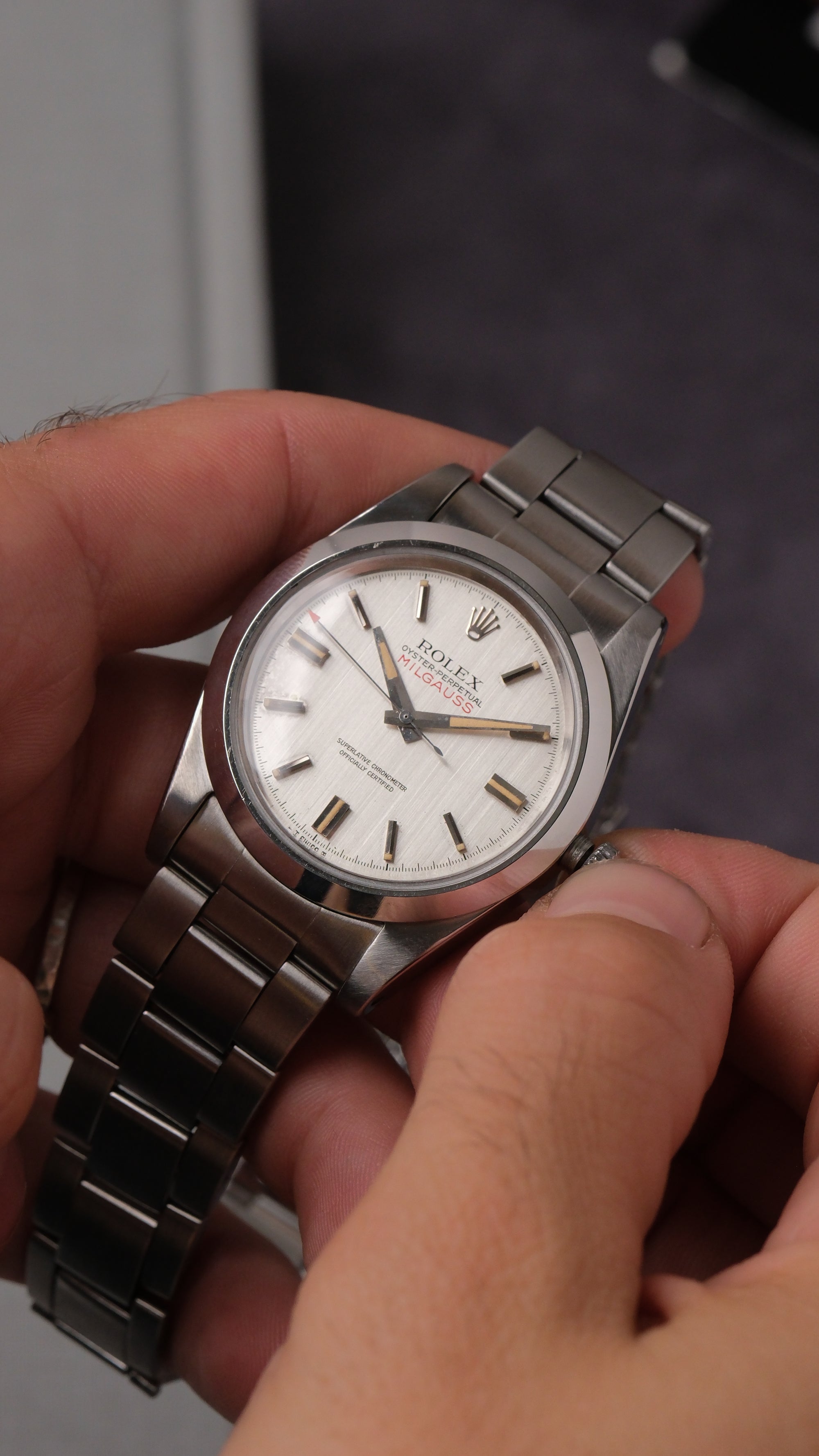 Rolex Milgauss 1019 silver dial square lume