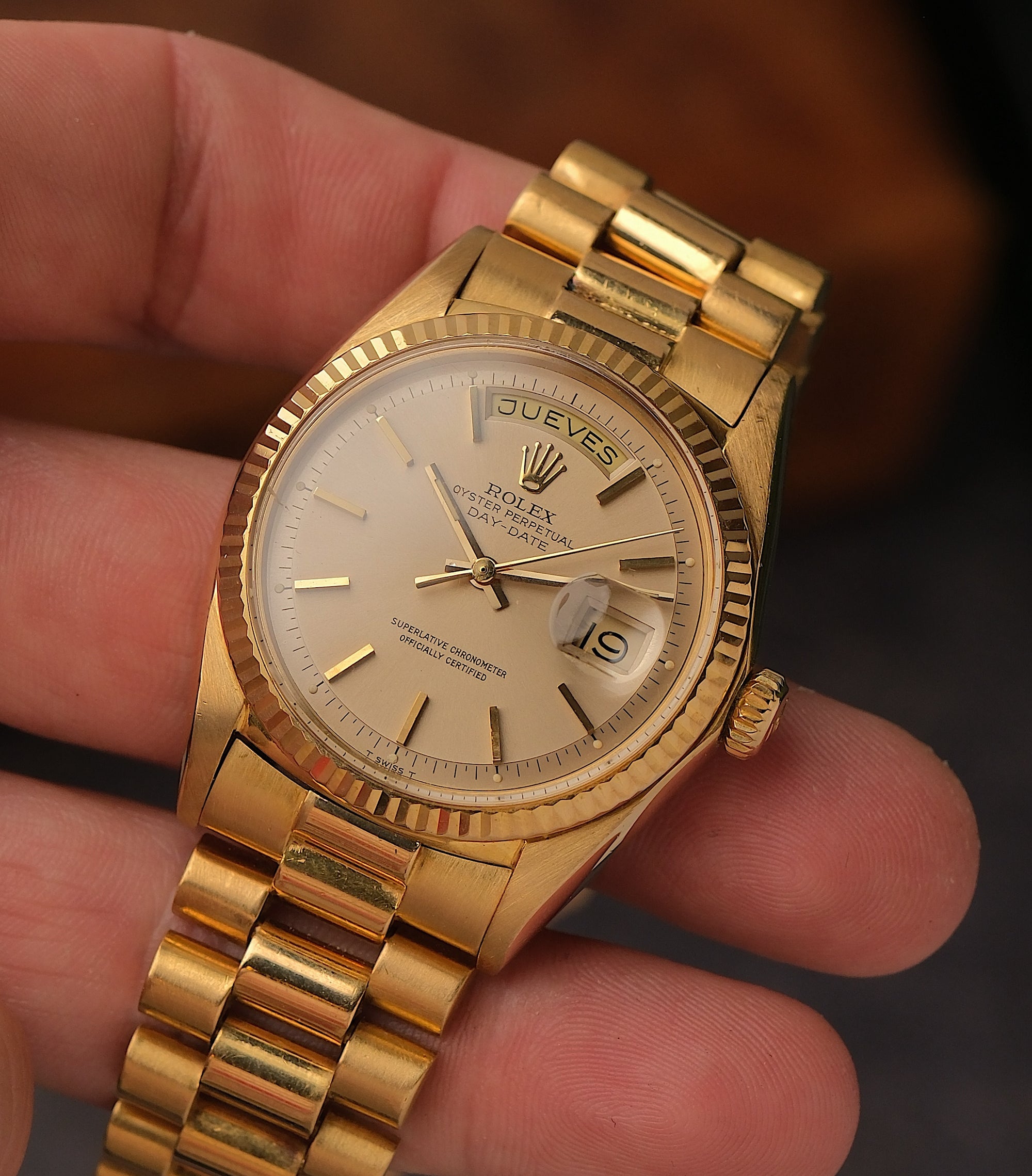 Rolex Day-Date 36 18k Yellow Gold Tropical Pinkish Dial Ref. 1803 – 1972 Stamped Papers