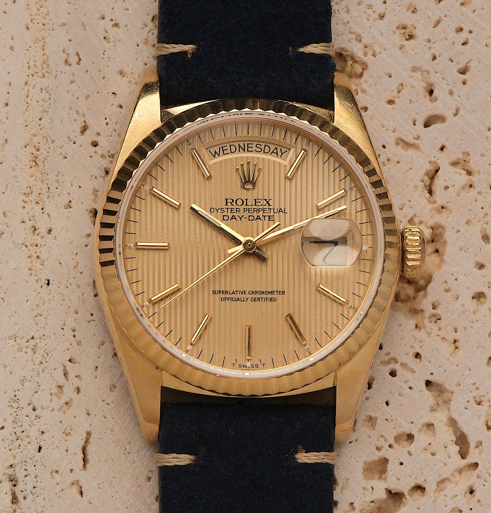 Rolex Day-Date 36 18k Yellow Gold Tapestry Dial Ref. 18038 – Circa 1985