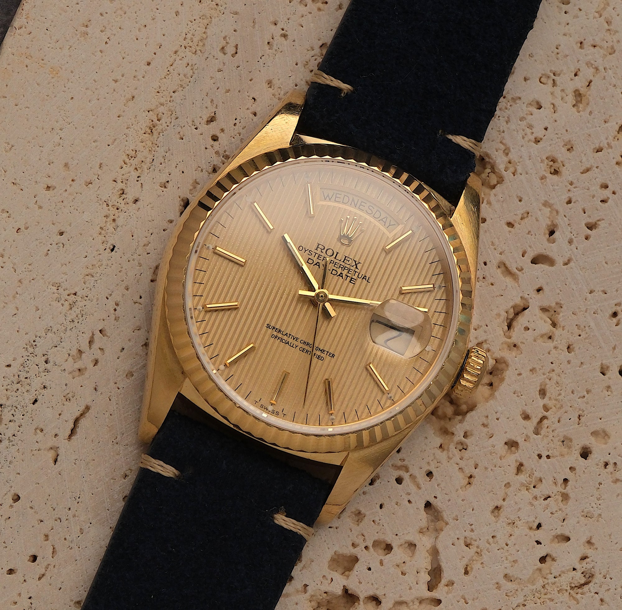 Rolex Day-Date 36 18k Yellow Gold Tapestry Dial Ref. 18038 – Circa 1985
