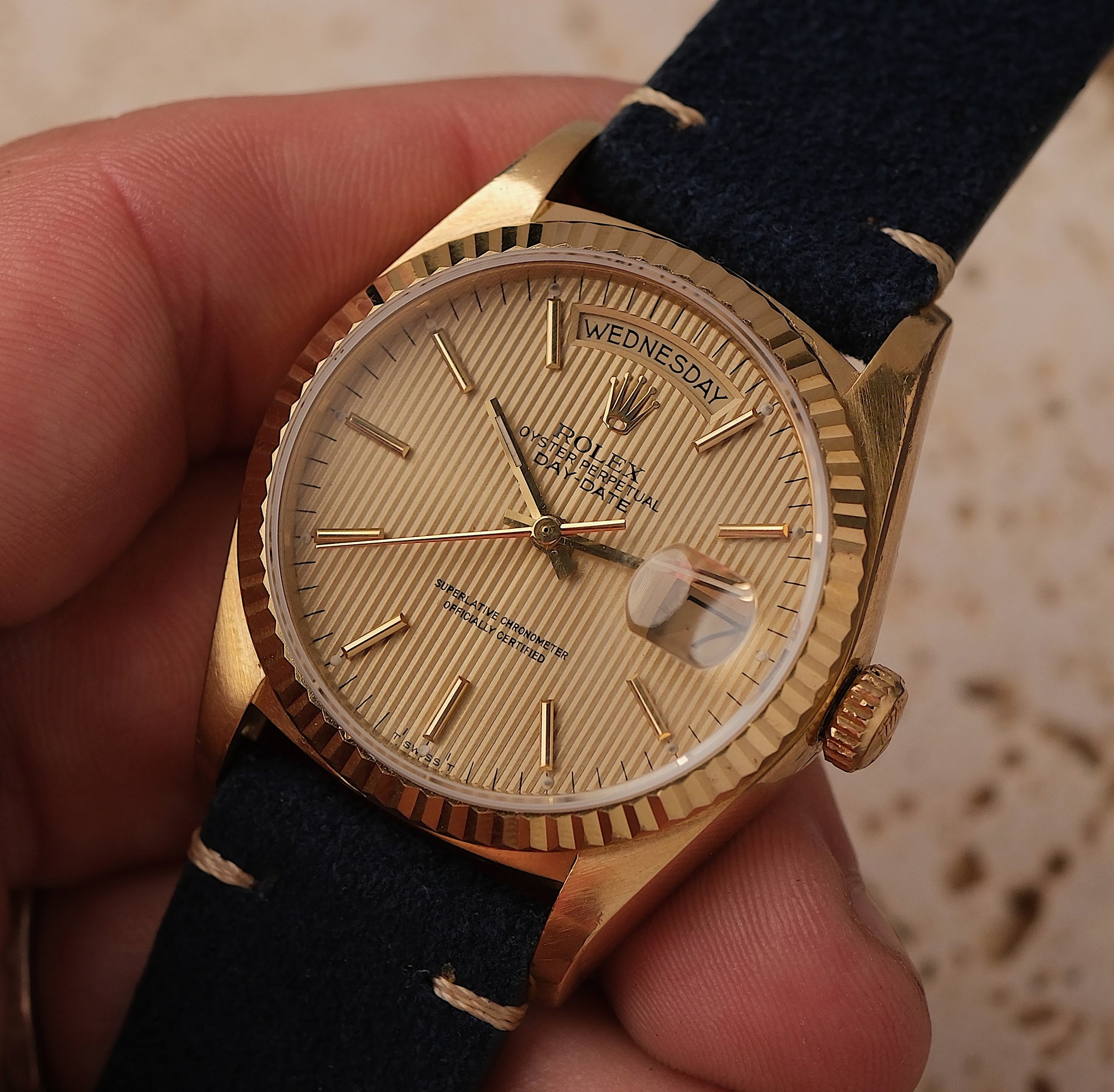 Rolex Day-Date 36 18k Yellow Gold Tapestry Dial Ref. 18038 – Circa 1985
