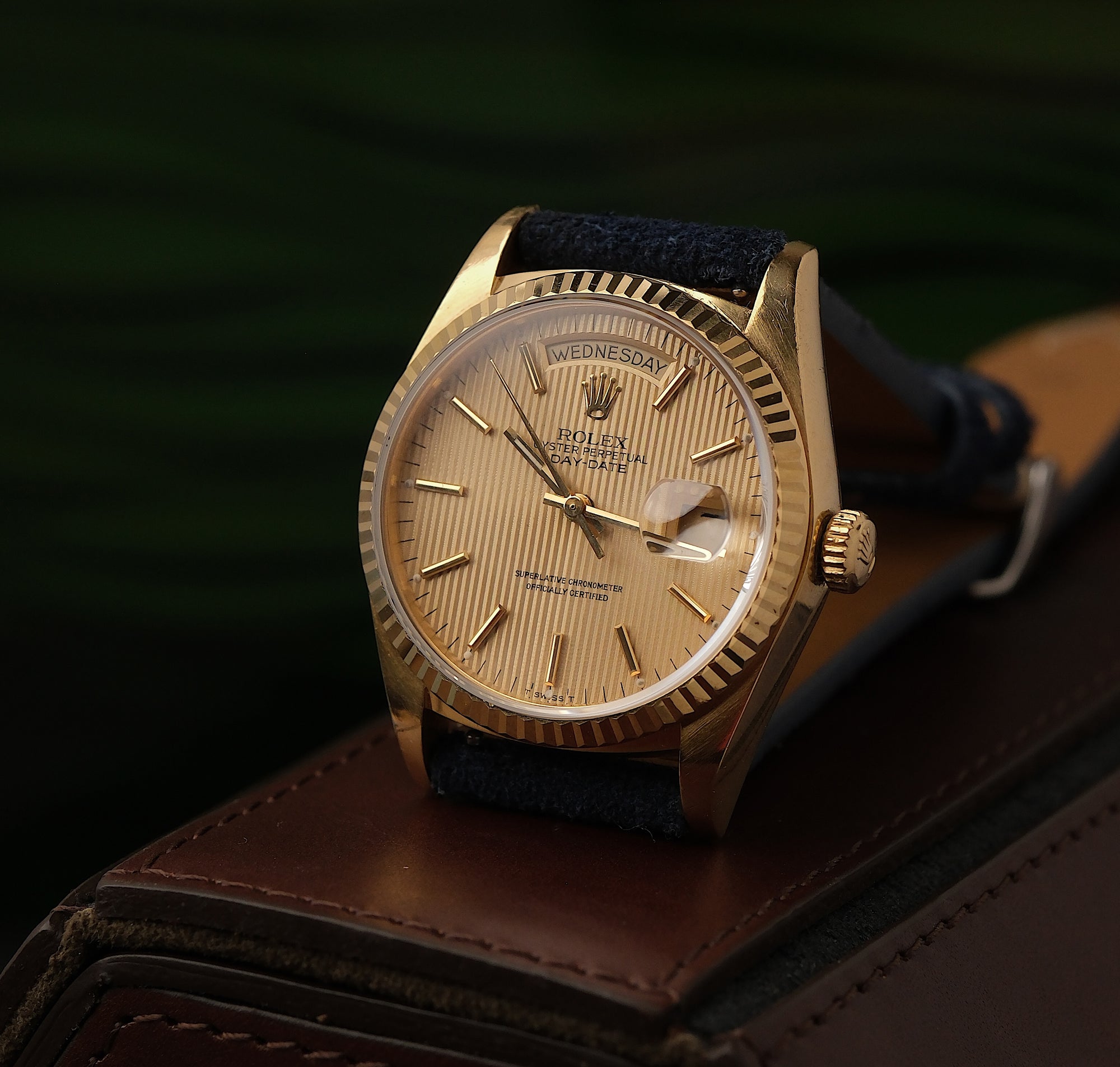 Rolex Day-Date 36 18k Yellow Gold Tapestry Dial Ref. 18038 – Circa 1985