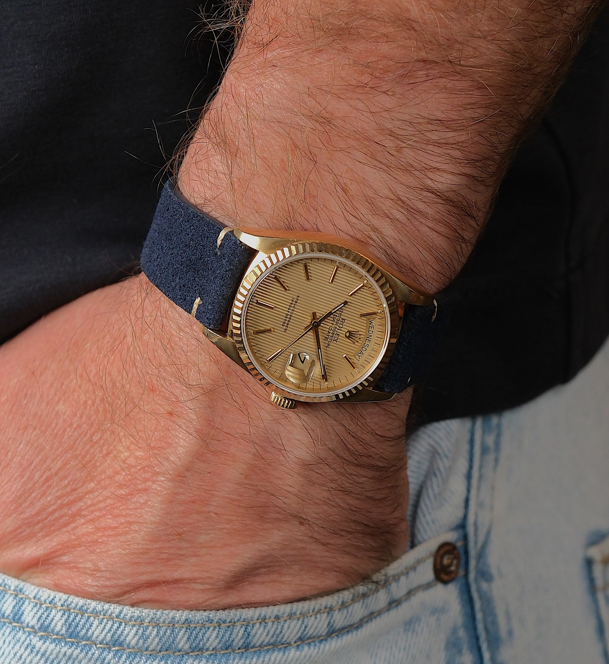Rolex Day-Date 36 18k Yellow Gold Tapestry Dial Ref. 18038 – Circa 1985