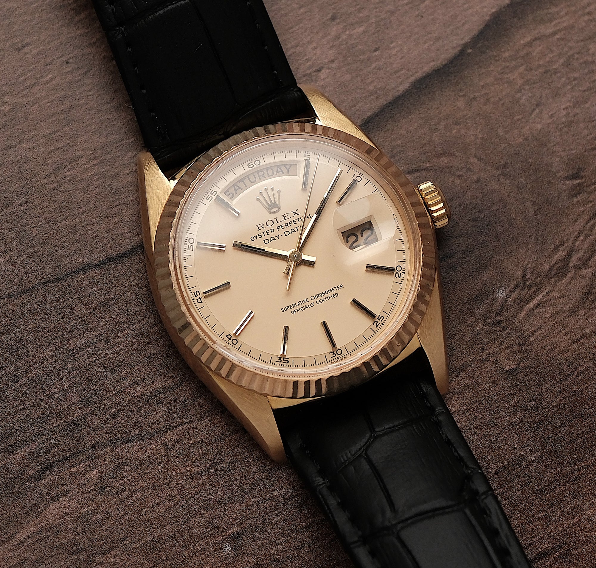 Day-Date 36 18k Yellow Gold Champagne Dial Leather Strap Ref. 1803 (c. 1978)