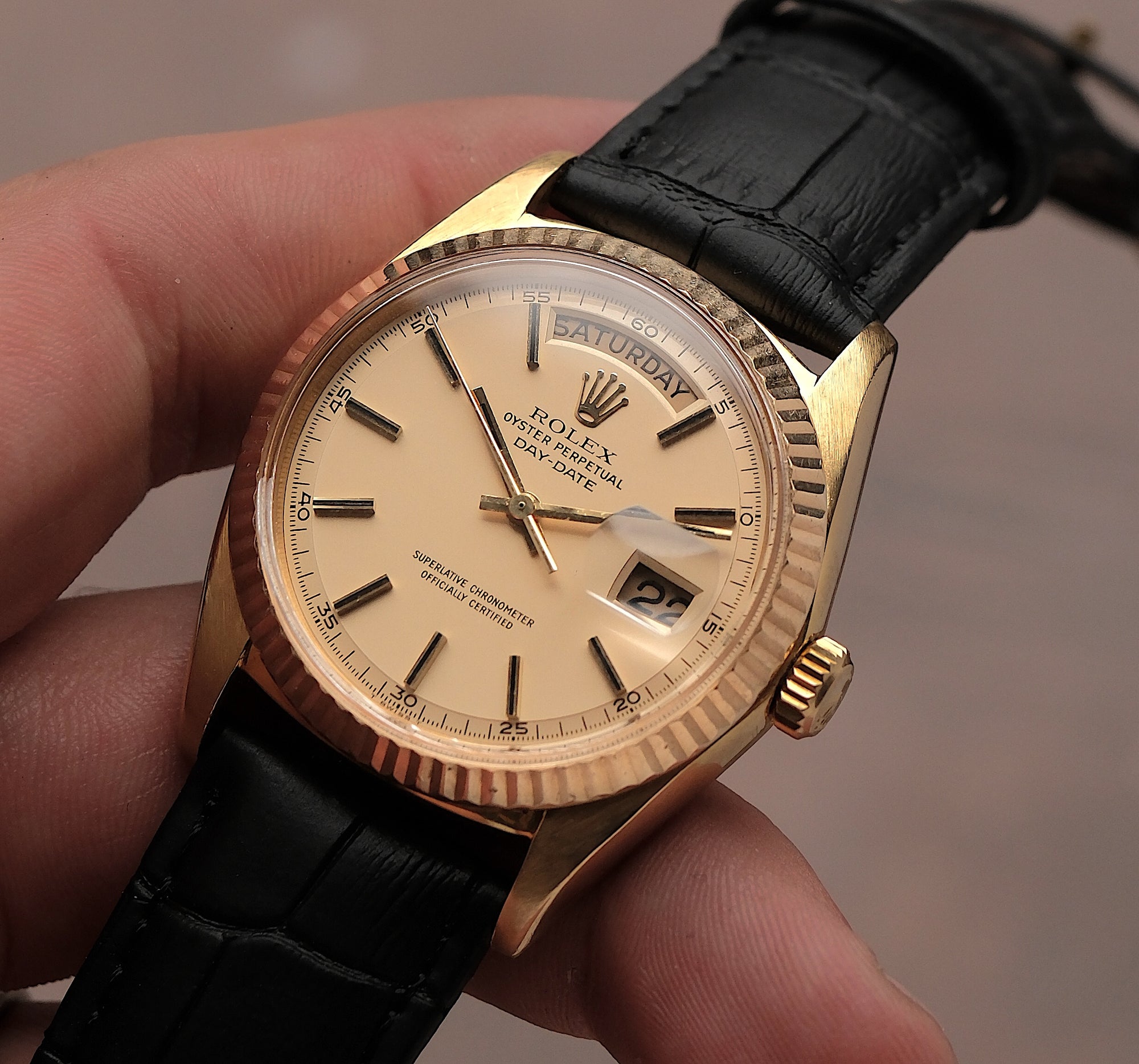 Day-Date 36 18k Yellow Gold Champagne Dial Leather Strap Ref. 1803 (c. 1978)