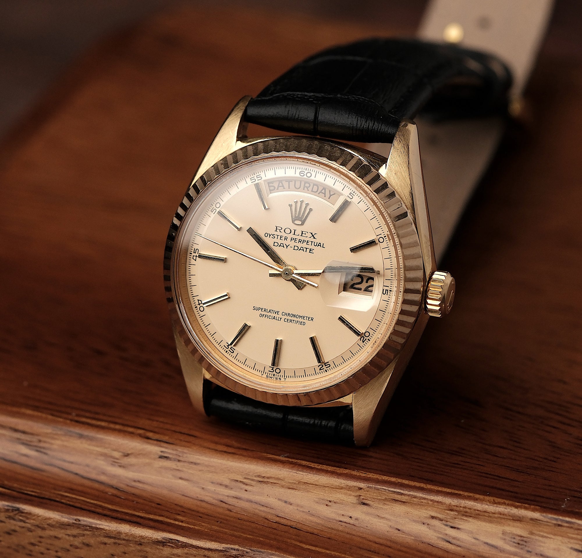 Day-Date 36 18k Yellow Gold Champagne Dial Leather Strap Ref. 1803 (c. 1978)