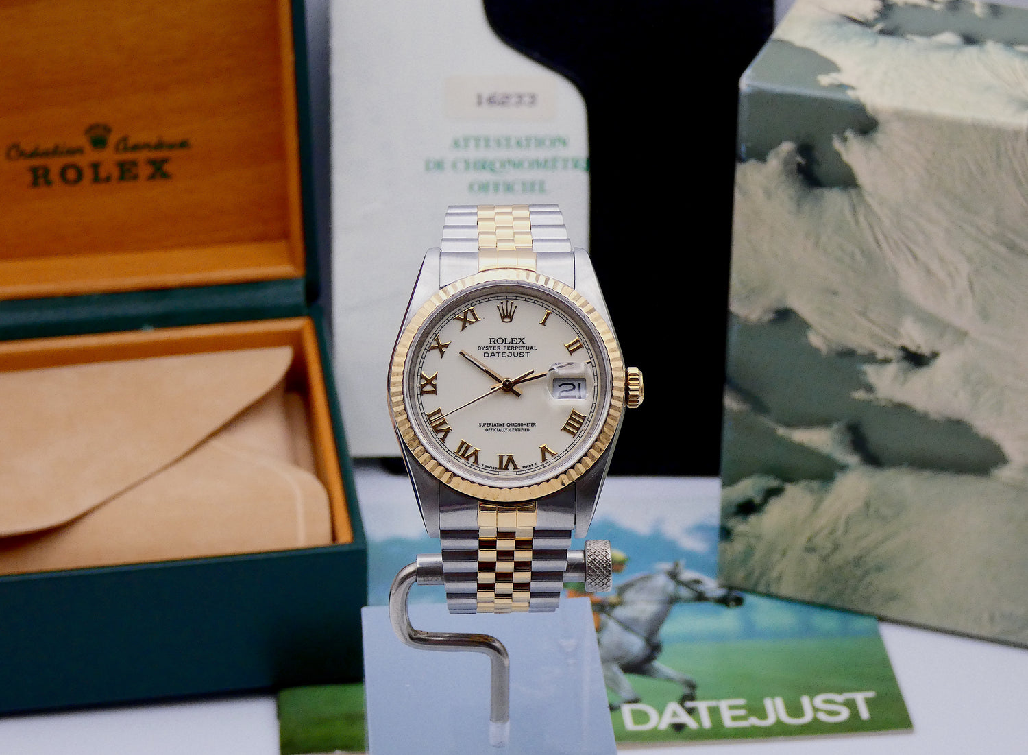 SOLD Rolex Datejust 36 16233 Rare Porcelain Cream dial / 1989 full set