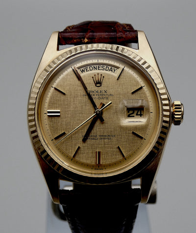 SOLD Day-Date 1969 MINT / Pie pan linnen gold dial / warranty