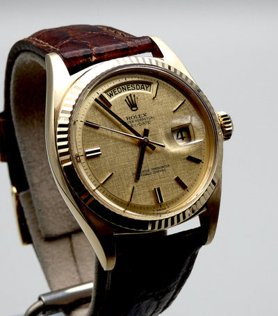 SOLD Day-Date 1969 MINT / Pie pan linnen gold dial / warranty