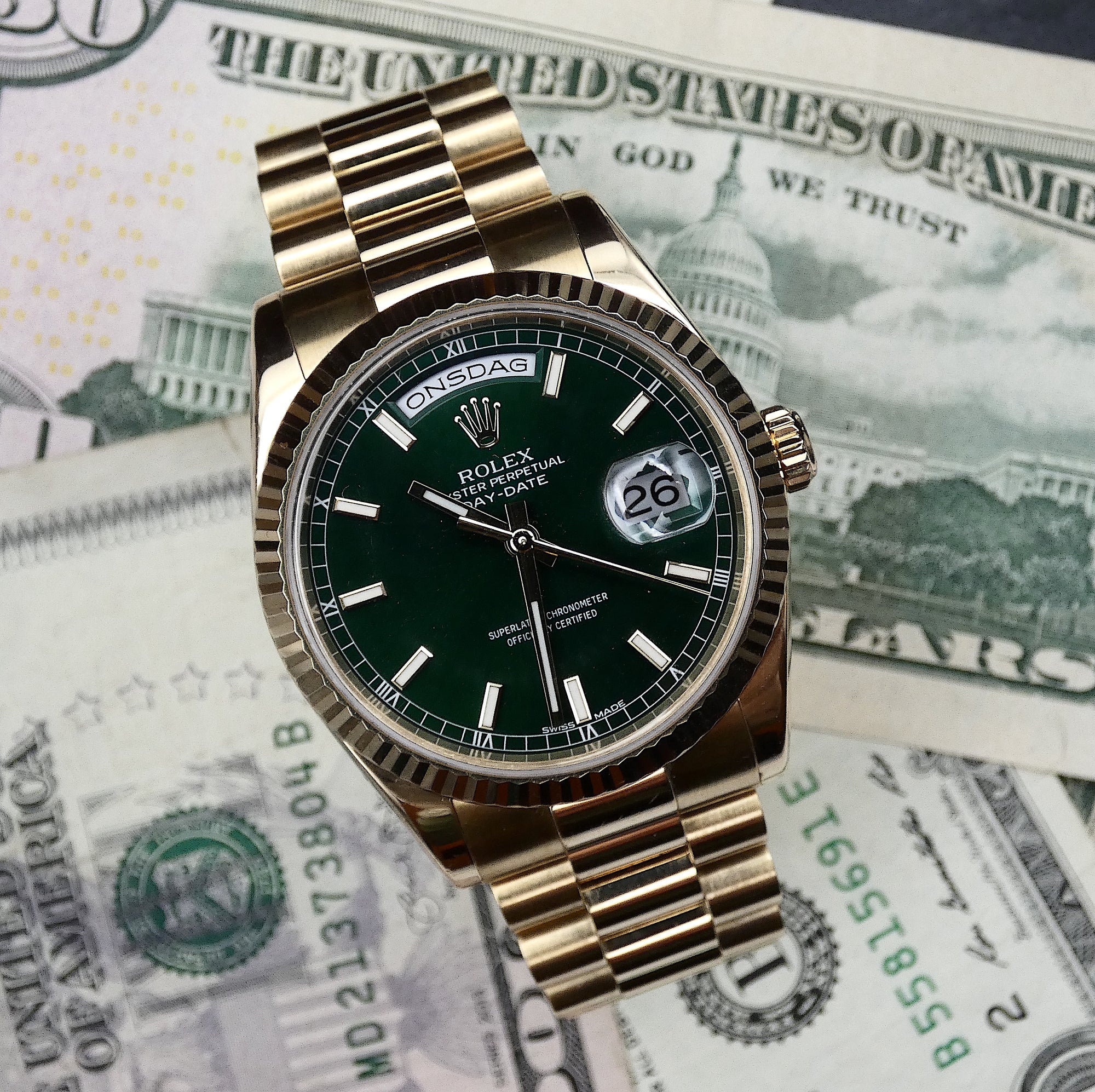 SOLD 118238 Rolex Day-Date &quot;President&quot; Money Green Full Set mint