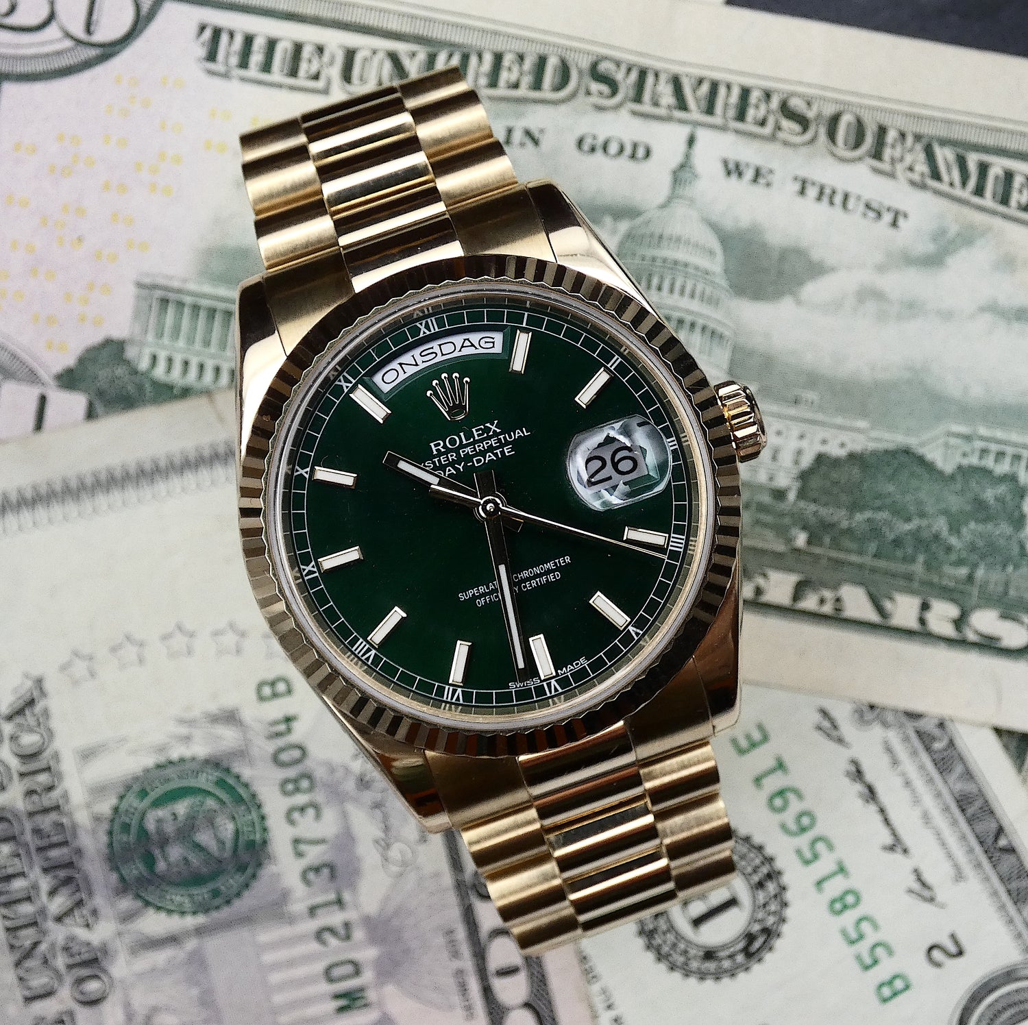 edderkop glide Opdater SOLD 118238 Rolex Day-Date "President" Money Green Full Set mint – EON  Watches
