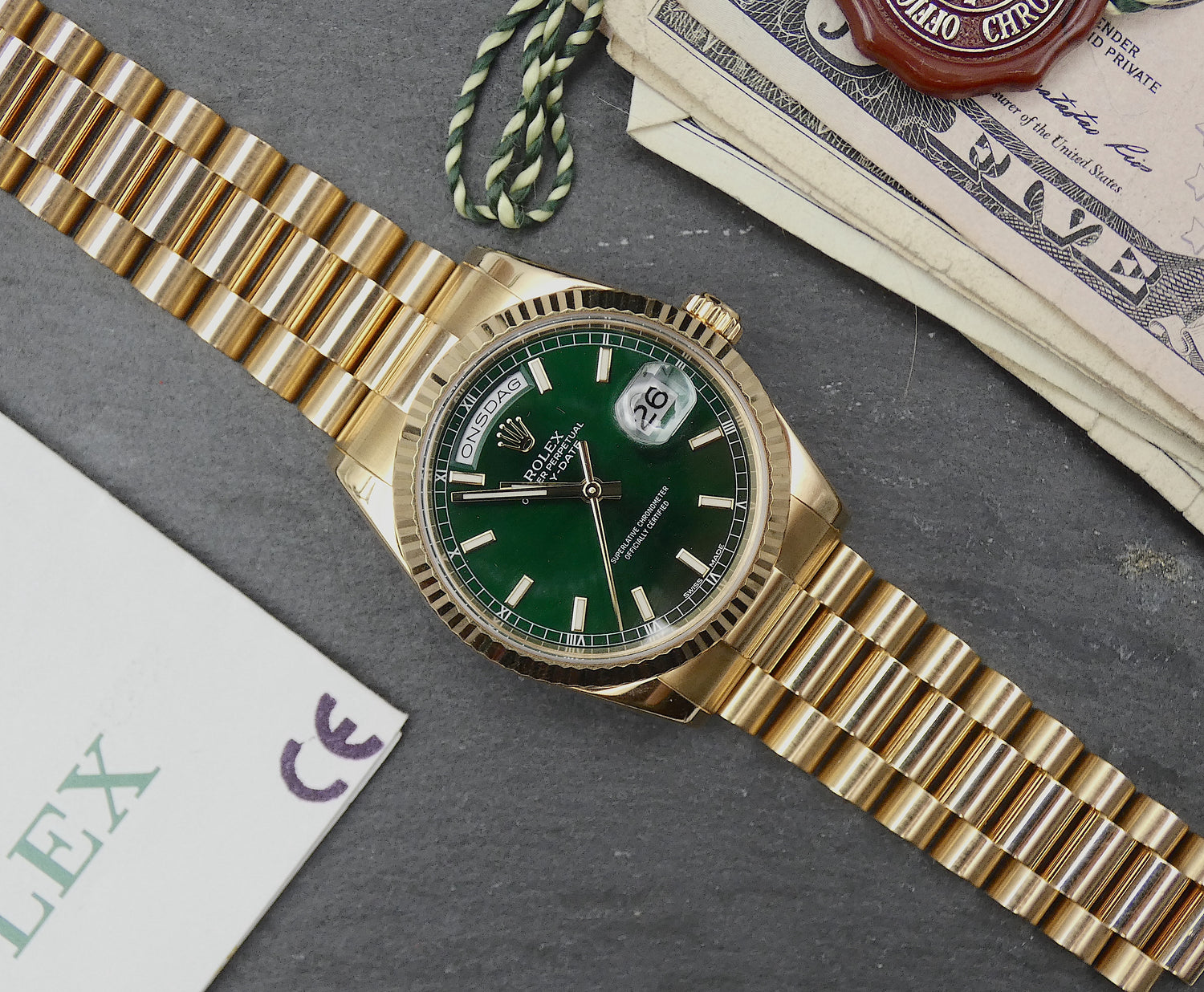 SOLD 118238 Rolex Day-Date "President" Money Green Full Set mint